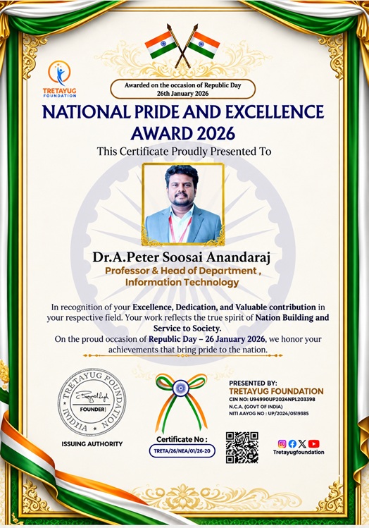 National Pride and Excellence Award 2026 - Dr. A. Peter Soosai Anandaraj